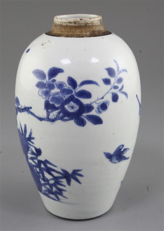 A Chinese blue and white ovoid jar, Transitional period c.1640, 18cm, wood stand